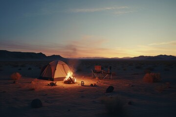Cinematic desert camping: Serene solitude in the remote desert, capturing the vastness and beauty through cinematic cinematography. Generative AI