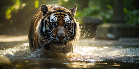 A large Bengal tiger emerges from the water,Generative AI
