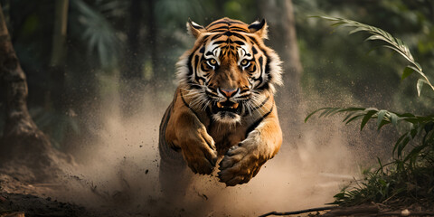 Fototapeta  Bengal tiger run across the vast plains, burly bodies, swift movements, Generative AI obraz