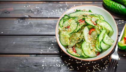Salad of cucumber, sesame seeds and pepper.