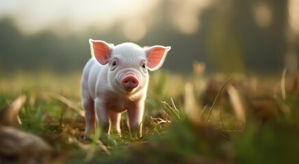 Cute little piglet in the meadow on a sunny day, Generative AI
