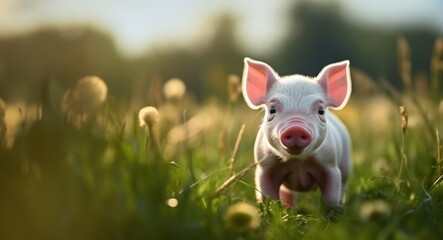 Cute little piglet in the meadow on a sunny day, Generative AI