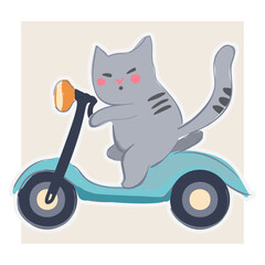 Cute Fat Cat Riding Electric Scooter Funny Cartoon Illustration. Design Poster Elements