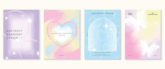 Idol lover posters set. Cute gradient holographic background vector with pastel colors, heart, butterflies, bubble. Y2k trendy wallpaper design for social media, cards, banner, flyer, brochure.