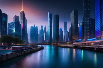 A beautiful majestic and futuristic city with colorful lights, Created with AI