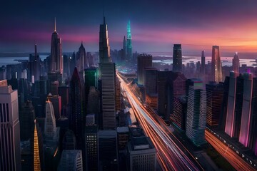 Fototapeta na wymiar A beautiful majestic and futuristic city with colorful lights, Created with AI