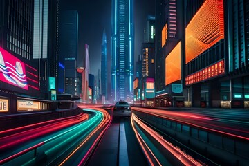 Fototapeta premium A beautiful majestic and futuristic city with colorful lights, Created with AI