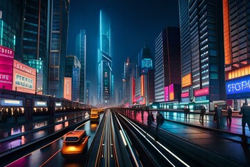 Fototapeta premium A beautiful majestic and futuristic city with colorful lights, Created with AI