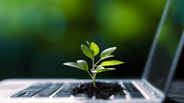 Green information technology. Environmentally Sustainable IT. Copy space. Green plant growing on laptop computer keyboard with green background. Environment green technology.