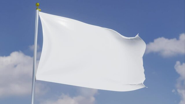 White Flag Moving In The Wind With A Clear Blue Sky In The Background, Clouds Slowly Moving, Flagpole, Slow Motion