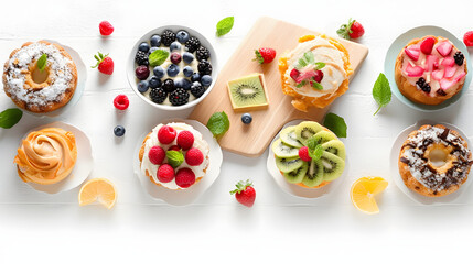 Fototapeta na wymiar Healthy summer desserts. Different desserts on white background. Top view