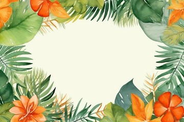Fototapeta na wymiar watercolor frame of Palm tree leaves on white background, green tropical leaf of palm coconut tree on transparent background, beach floral add background