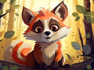 Cartoon cute raccoon in summertime
