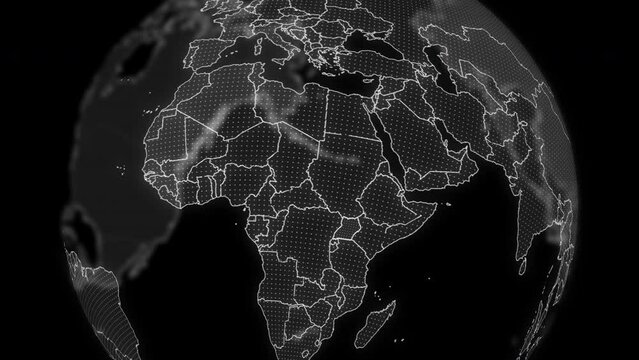 Uganda Country alpha for editing Data analysis Technology Globe rotating, Cinematic video showcases digital globe rotating, zooming in on Uganda country alpha for editing template
