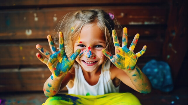 Portrait of a funny child girl shows hands dirty with paint.
