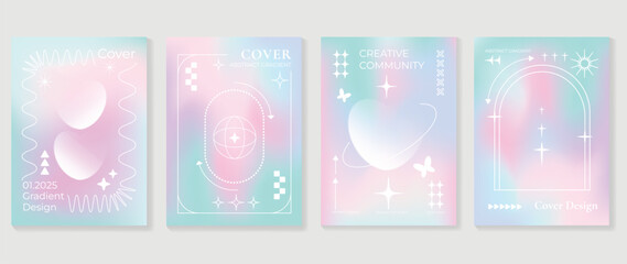 Idol lover posters set. Cute gradient holographic background vector with pastel colors, heart, butterflies, halftone. Y2k trendy wallpaper design for social media, cards, banner, flyer, brochure.