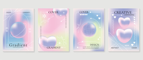 Idol lover posters set. Cute gradient holographic background vector with pastel colors, 3d heart, flower, star, sparkle. Y2k trendy wallpaper design for social media, cards, banner, flyer, brochure. © TWINS DESIGN STUDIO