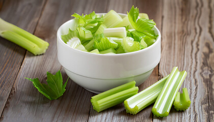 Fresh sliced celery in a white bowl on a vintage wooden background, selective focus