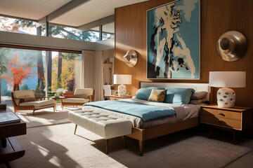 Fototapeta na wymiar Mid-century modern interior design of bedroom with a large painting