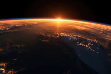 Fototapeta na wymiar Inspiring view of sunrise as seen from Earth's orbit in space. This image captures the breathtaking spectacle of the sun's golden rays illuminating the curvature of our planet, generative AI