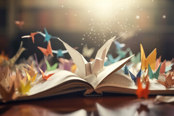 Knowledge concept featuring an open book with an origami bird taking flight, surrounded by abstract paper birds. A library setting enriches the scene, inspiring discovery and learning, generative AI - obrazy, fototapety, plakaty