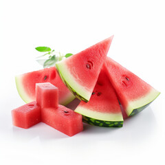 Illustration, AI generation. Pieces of red watermelon on a white background. Sliced juicy watermelon.