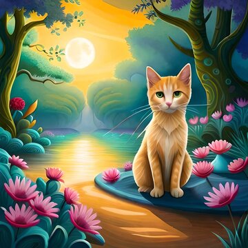 Whimsical Moonlit Garden: Enchanting Cats Playing in a Vibrant Fantasy Scene with Glowing Lanterns