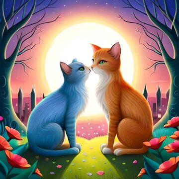 Whimsical Moonlit Garden: Enchanting Cats Playing in a Vibrant Fantasy Scene with Glowing Lanterns