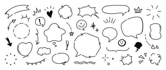 Set of cute pen line doodle element vector. Hand drawn doodle style collection of heart, arrows, scribble, speech bubble, star. Design for print, cartoon, card, decoration, sticker.