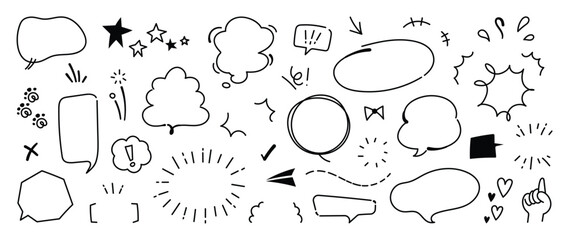 Obraz premium Set of cute pen line doodle element vector. Hand drawn doodle style collection of heart, arrows, scribble, speech bubble, star. Design for print, cartoon, card, decoration, sticker.