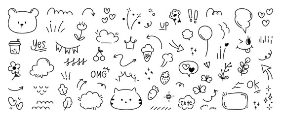Set of cute pen line doodle element vector. Hand drawn doodle style collection of heart, arrows, scribble, flower, bear, star, butterfly, words. Design for print, cartoon, card, decoration, sticker. © TWINS DESIGN STUDIO