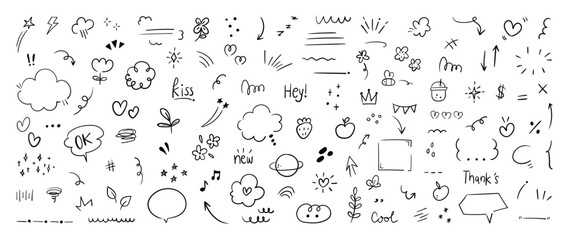 Estores personalizados con tu foto Set of cute pen line doodle element vector. Hand drawn doodle style collection of heart, arrows, scribble, flower, star, butterfly, bee, words. Design for print, cartoon, card, decoration, sticker.