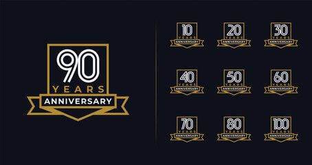 Set of anniversary logo with elegant style. 10, 20, 30, 40, 50, 60, 70, 80, 90, 100, birthday symbol collections