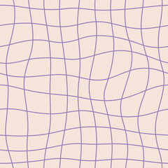 Groovy Checkered Seamless Pattern With Lilac Wavy Lines. Psychedelic Abstract Background in 1970s Retro Style
