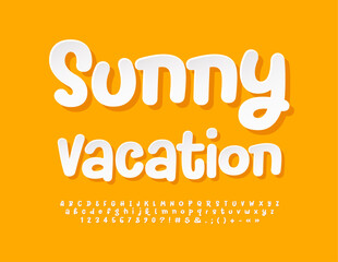 Vector creative Poster Sunny Vacation. Funny white Font. Playful Alphabet Letters, Numbers and Symbols set. 