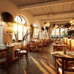 Interior of Mediterranean restaurant with laid tables, in the rays of the setting sun