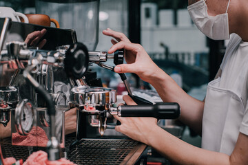 barista making coffee process latte art