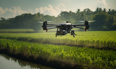 Fototapeta na wymiar Agriculture drone flying on rice farm to sprayed fertilize. AI Generative.
