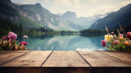 Empty wooden table decorated with colorful flowers, Blurred lagoon and mountain view, background, AI Generative.