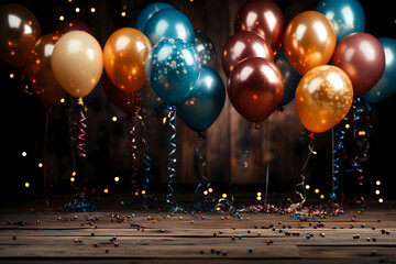 birthday party balloons,  colourful balloons background and birthday cake with candles 