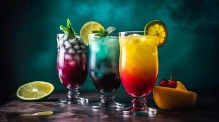 Set of delicious juices and fruits Summer fruits are ready to serve. AI Generative.