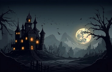 Halloween black castle in full moon night scene. AI Generative.