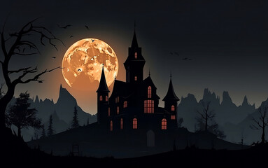 Halloween black castle in full moon night scene. AI Generative.