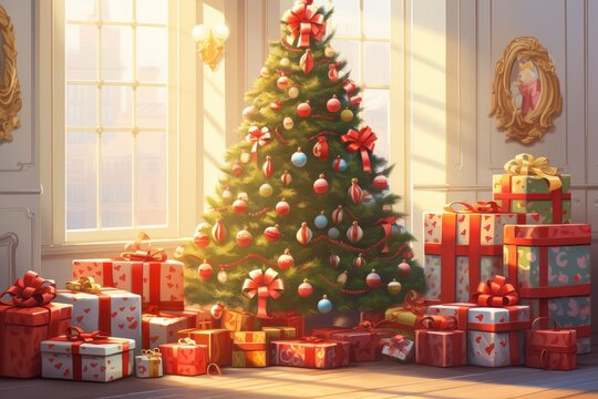 Cartoon Christmas Tree With Beautiful Balls And Presents