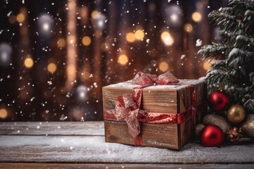 christmas gift box presented in the middle of christmas decorations on wooden planks