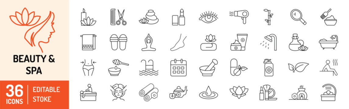 Beauty & Spa editable stroke outline icons set. Beauty, yoga, aromatherapy, spa, skin care, massage and cosmetics. Vector illustration
