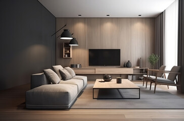 A picture of a living room in a simulated luxury condo. AI Generative.