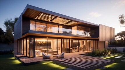 A mockup of a luxury house with solar panels and a shaded facade. AI Generative.