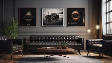 Modern living room illustration with sofa  and vintage art prints. AI Generative.