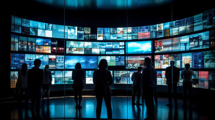 TV screen wall illustration with audience Digital art gallery. AI Generative.
